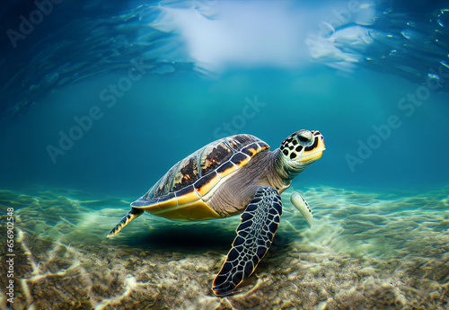 Turtle swimming in sea. Turtle under water. © Karo