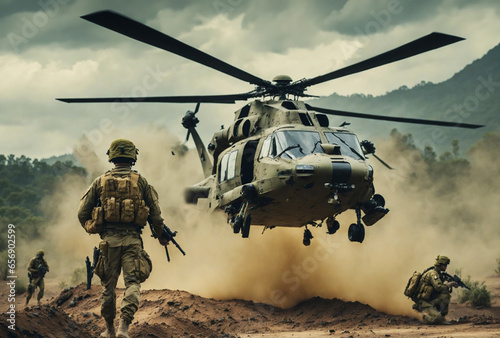 Military helicopter in action. Soldiers carry out an operation photo