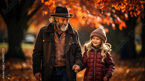 Grandparents and grandchildren enjoy an autumn walk in the park. 