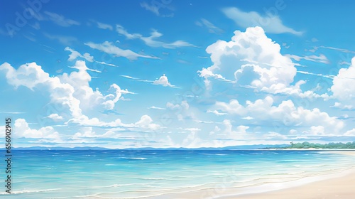 Relaxing and inspiring seascape of sky and sea  a panoramic view of a tropical beach with a wide horizon