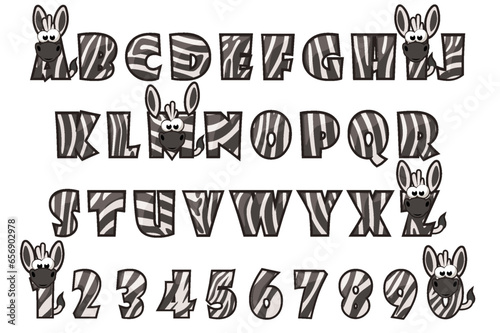 Alphabet in style zebra skin, letters and numbers in black and white design