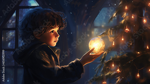 Child decorating Christmas tree, Fairytale world, festive atmosphere, magic of childhood, boy putting on Christmas ornament on fir tree, glowing Christmas lights, bauble, evening