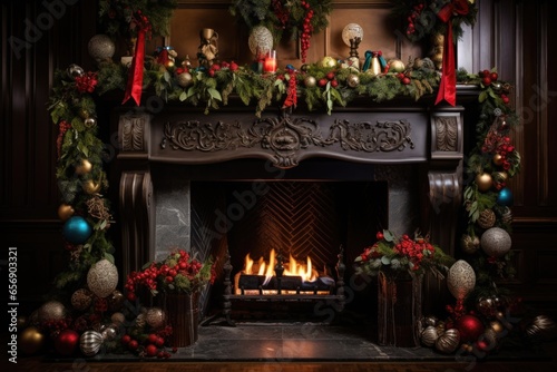 a fireplace mantel decorated with garlands and stockings