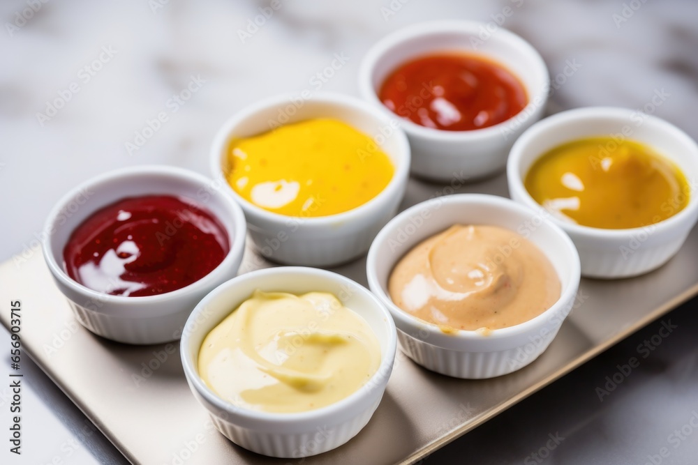 array of sauces: mayo, mustard, ketchup in small bowls array of sauces: mayo, mustard, ketchup in small bowls