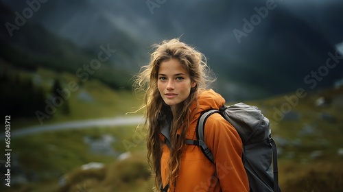 Candid Capture: Young Woman Hiking in the Majestic Swiss Alps