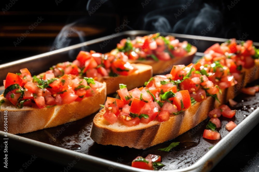 removing freshly grilled bread from the oven for bruschetta removing freshly grilled bread from the oven for bruschetta