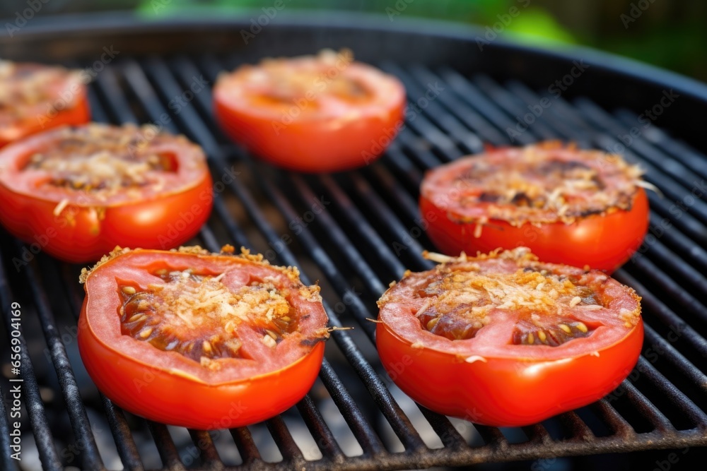 halved tomatoes placed face down on a smoky outdoor grill