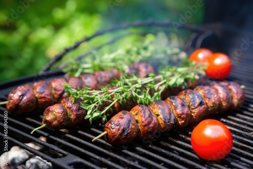 vegan sausages on a bbq with cherry tomatoes