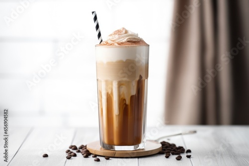 a coffee shake in a tall glass with a striped straw