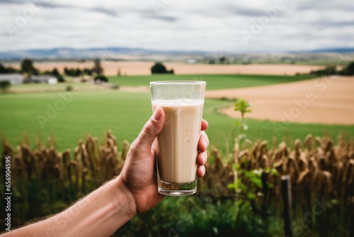 hand holding coffee shake with farm scenery in background