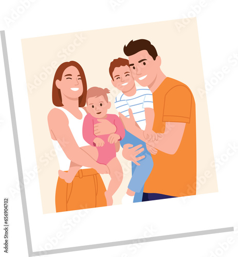 Vector illustration. Polaroid photo of a happy family with two children