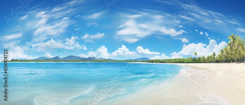 Fototapeta Naklejka Na Ścianę i Meble -  Relaxing and inspiring seascape of sky and sea: a panoramic view of a tropical beach with a wide horizon
