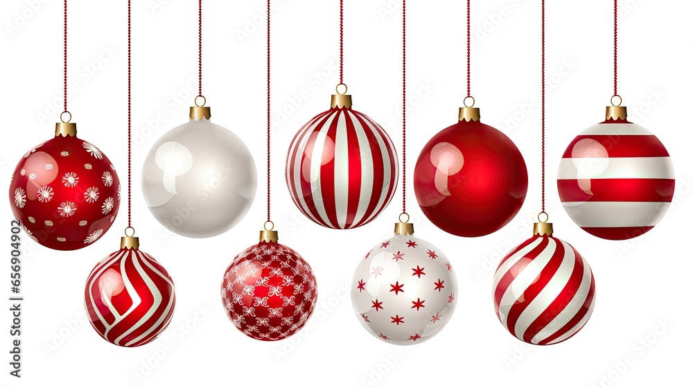 Red and white illustration of Christmas balls hanging against a background. Generative AI