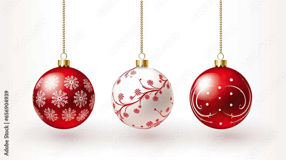 Red and white illustration of Christmas balls hanging against a background. Generative AI Red and white illustration of Christmas balls hanging against a background. Generative AI