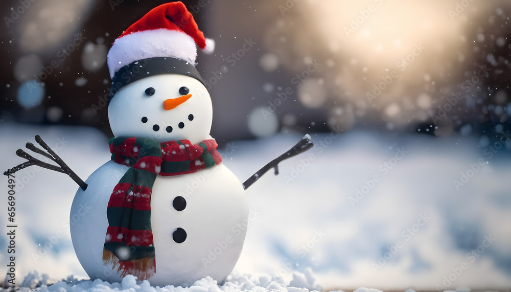 Happy snowman with Santa hat in the snow of the north pole on Christmas day