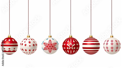 Red and white illustration of Christmas balls hanging against a background. Generative AI