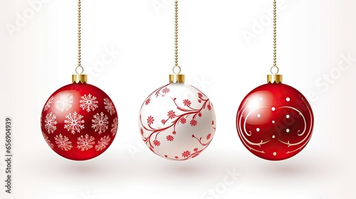 Red and white illustration of Christmas balls hanging against a background. Generative AI