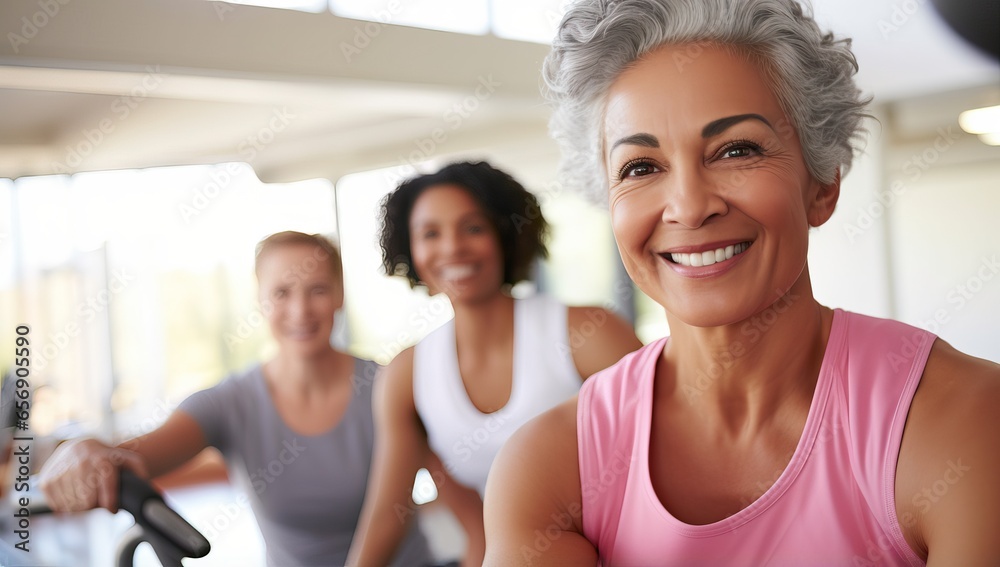Portrait Of Smiling Mature Women Exercising In Gym