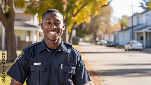 smiling African American police officer standing in front of a house photo