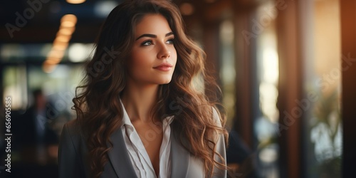 Portrait of a beautiful young brunette woman with long wavy hair. Bussiness Concept.