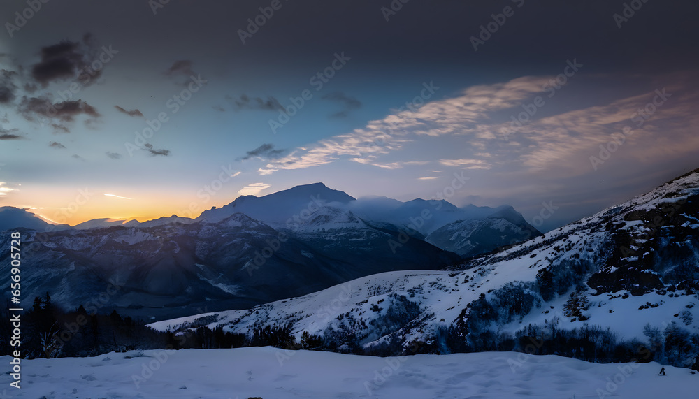 snowy landscape with mountains in the distance