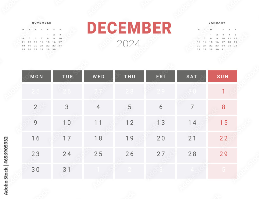 Calendar Template of december 2024. Vector layout simple calendar with week start Monday. Calendar Template of december 2024. Vector layout simple calendar with week start Monday.