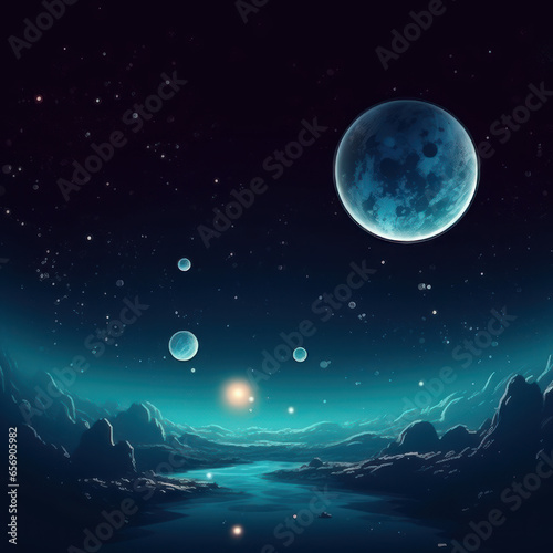  Moon and planets in the space in dark  