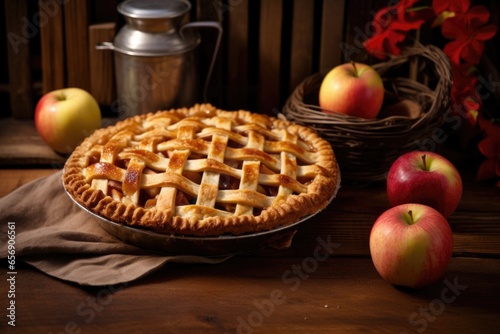 rustic apple pie with lattice crust on a table