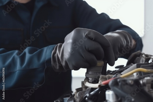 close up of a person holding a car engine 