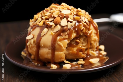 close-up of a donut with caramel icing and crushed nuts topping