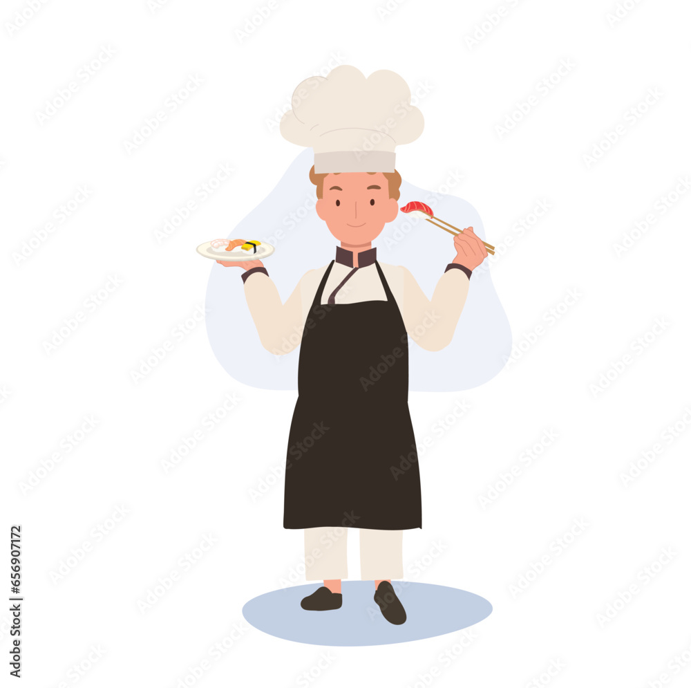 Cute Kid Chef Enjoying Sushi with Chopsticks. Adorable Child Chef Eating Sushi Cute Kid Chef Enjoying Sushi with Chopsticks. Adorable Child Chef Eating Sushi