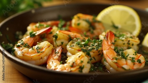 A plate of savory, garlic butter shrimp with parsley.