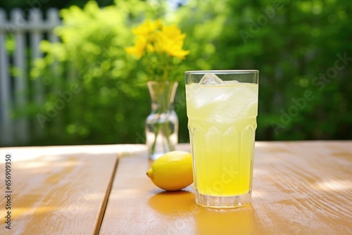 a half-emptied glass of iced lemonade on a garden table