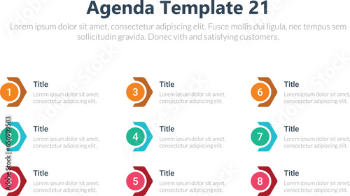 Agenda infographics template, Agenda templates, presentation agenda. Vector template design. Editable template of presentation slide representing company agenda, 