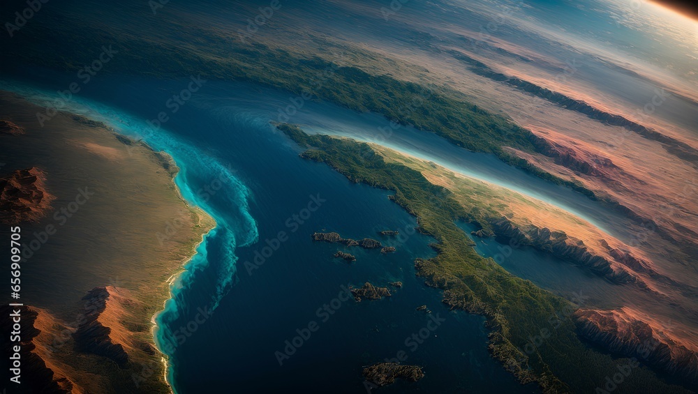 Earth from outer space, highlighting its curvature and the vibrant colors of continents. Illustration.