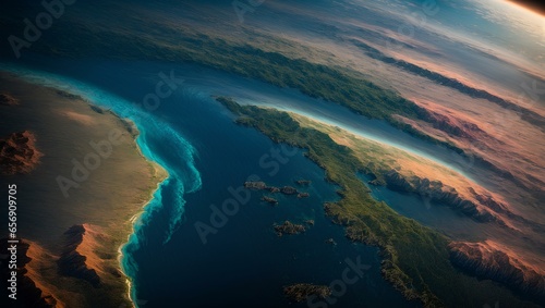 Earth from outer space, highlighting its curvature and the vibrant colors of continents. Illustration.