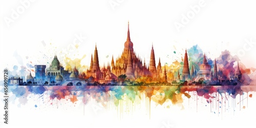  Rainbow Aquarelle Silhouette of Bangkok's Iconic Cityscape, Showcasing Wat Arun, Chatuchak Market, and the Vibrant Tapestry of Thai Culture