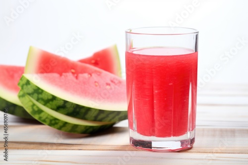 half-cut watermelon next to a clear glass filled with juice