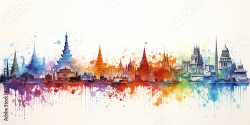  Rainbow Aquarelle Silhouette of Bangkok's Iconic Cityscape, Showcasing Wat Arun, Chatuchak Market, and the Vibrant Tapestry of Thai Culture