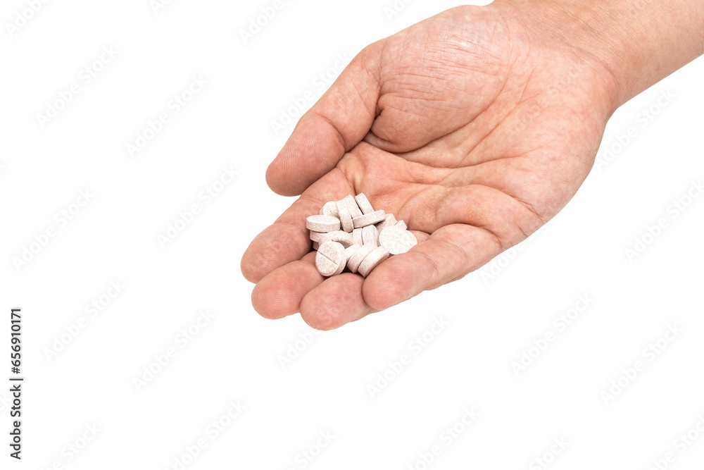 Round therapeutic pills or drugs for treatment in male hand palm isolated on transparent background, medicine and healthcare concept, close-up view
Round therapeutic pills or drugs for treatment in male hand palm isolated on transparent background, medicine and healthcare concept, close-up view