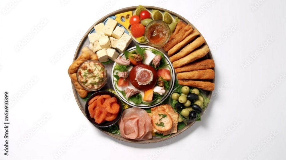 Fototapeta premium A platter of assorted Mediterranean delicacies, including dolmas and tzatziki.