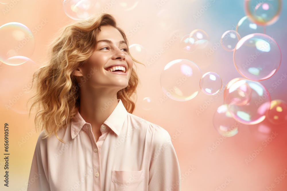 Woman Laughing Against a Soft Pastel Background - Her Laughter Forming Colorful Bubbles - Studio Concept Shot - AI Generated Woman Laughing Against a Soft Pastel Background - Her Laughter Forming Colorful Bubbles - Studio Concept Shot - AI Generated