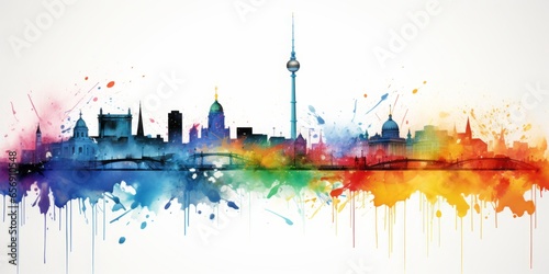 Rainbow Aquarelle Silhouette of Berlin's Iconic Cityscape, Showcasing the Brandenburg Gate, Berlin Wall, and the Rich Tapestry of German History