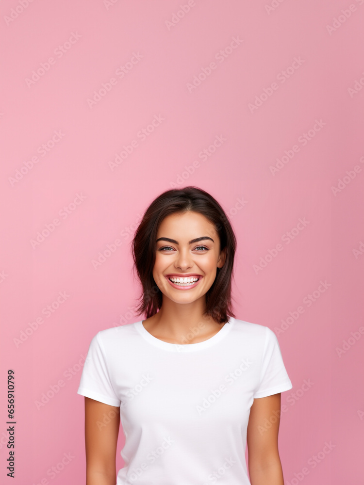 Portrait of smiling woman pink background with white t-shirt. Portrait of smiling woman pink background with white t-shirt.
