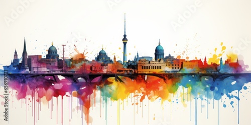Rainbow Aquarelle Silhouette of Berlin s Iconic Cityscape  Showcasing the Brandenburg Gate  Berlin Wall  and the Rich Tapestry of German History