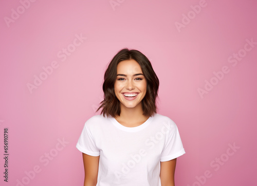Portrait of smiling woman pink background with white t-shirt.