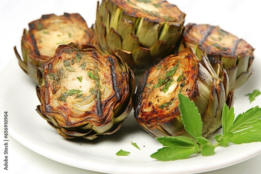 close-up of grilled artichokes on a white plate close-up of grilled artichokes on a white plate