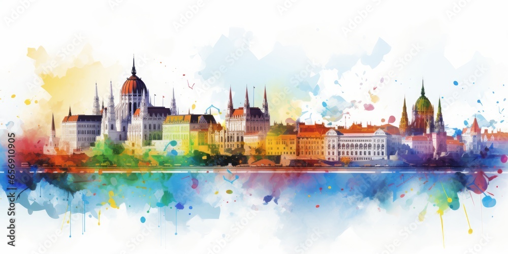Rainbow Aquarelle Silhouette of Madrid's Iconic Cityscape, Featuring the Royal Palace, Prado Museum, and the Vibrant Spirit of Spain