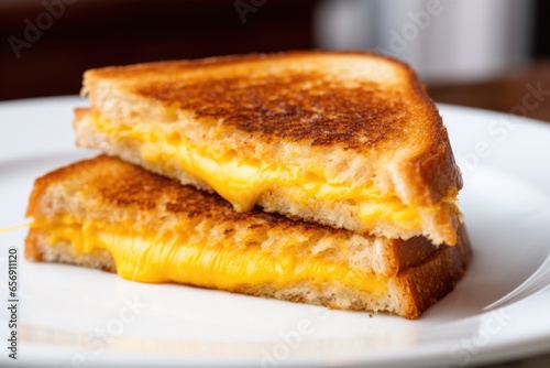 close-up of a grilled cheese sandwich on a white plate