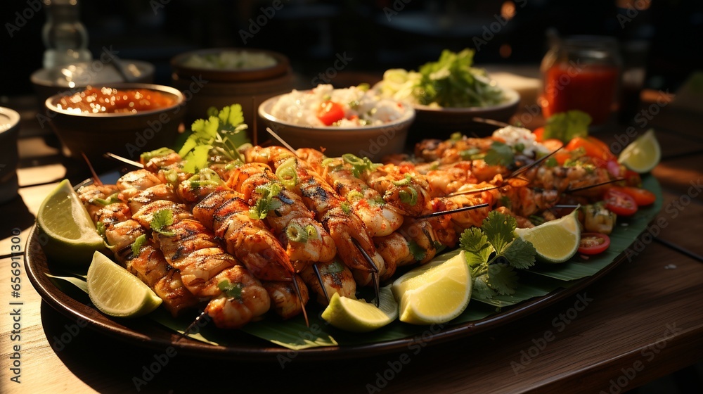 A platter of assorted sushi rolls with a side of soy sauce. A platter of assorted sushi rolls with a side of soy sauce.